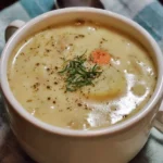 Bowl of delicious cream of potato soup garnished with herbs