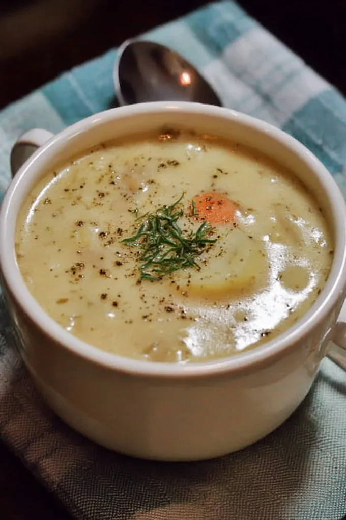 Bowl of delicious cream of potato soup garnished with herbs