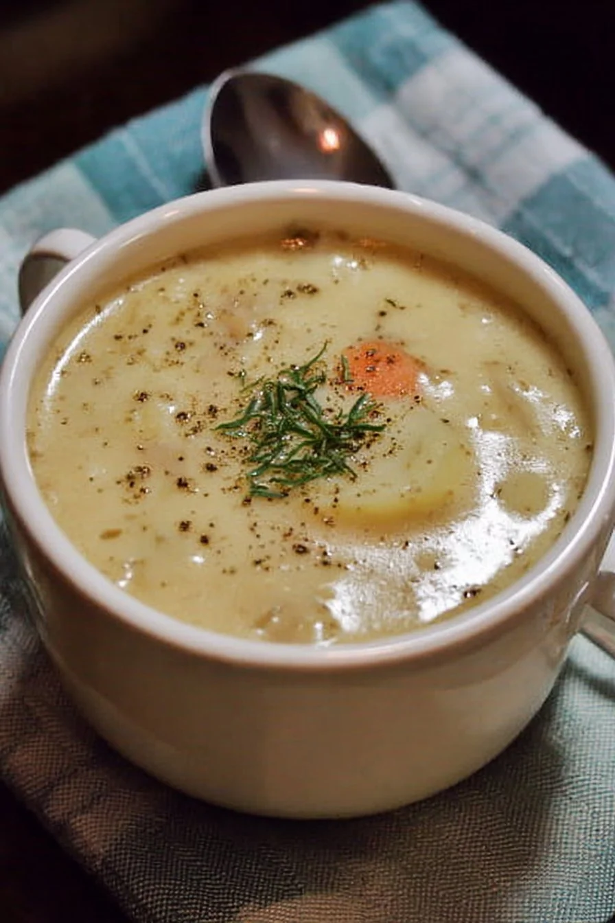 Bowl of delicious cream of potato soup garnished with herbs