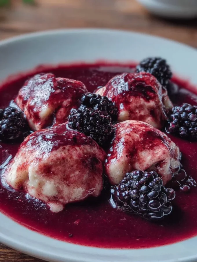 Delicious Blackberry Dumplings served with fresh berries and cream
