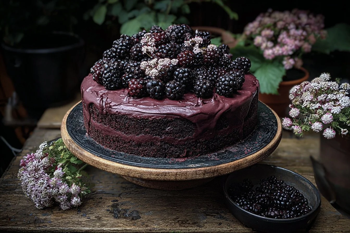 Gothic Blackberry Velvet Cake with rich frosting and blackberry decoration