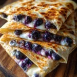 Blueberry cream cheese quesadilla on a plate, drizzled with sauce.