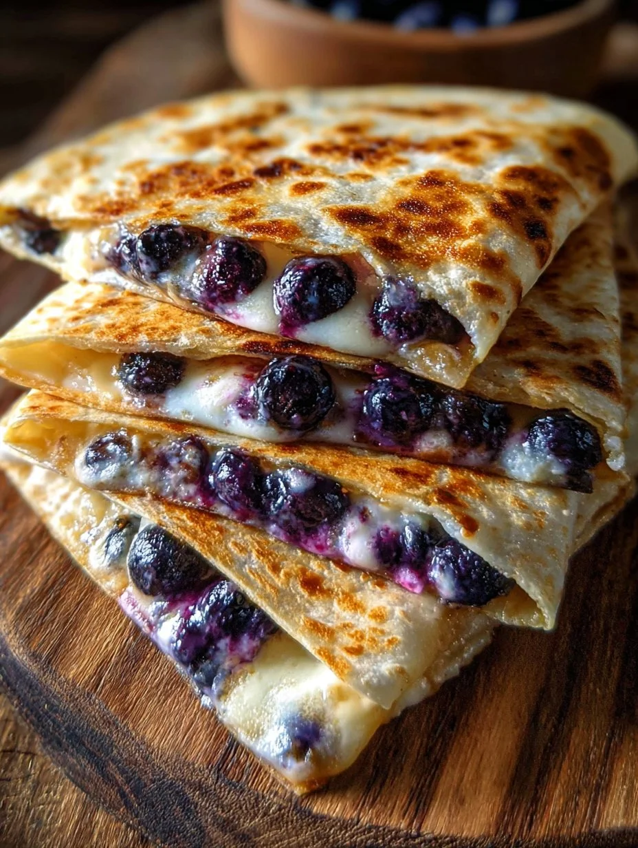 Blueberry cream cheese quesadilla on a plate, drizzled with sauce.