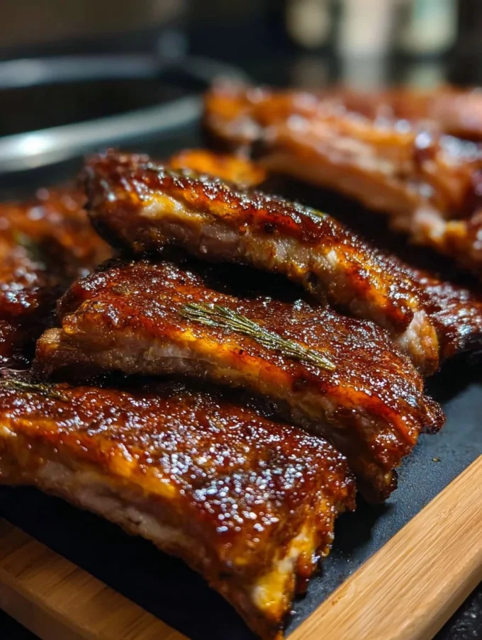 Delicious braised baby back ribs served on a plate with garnish