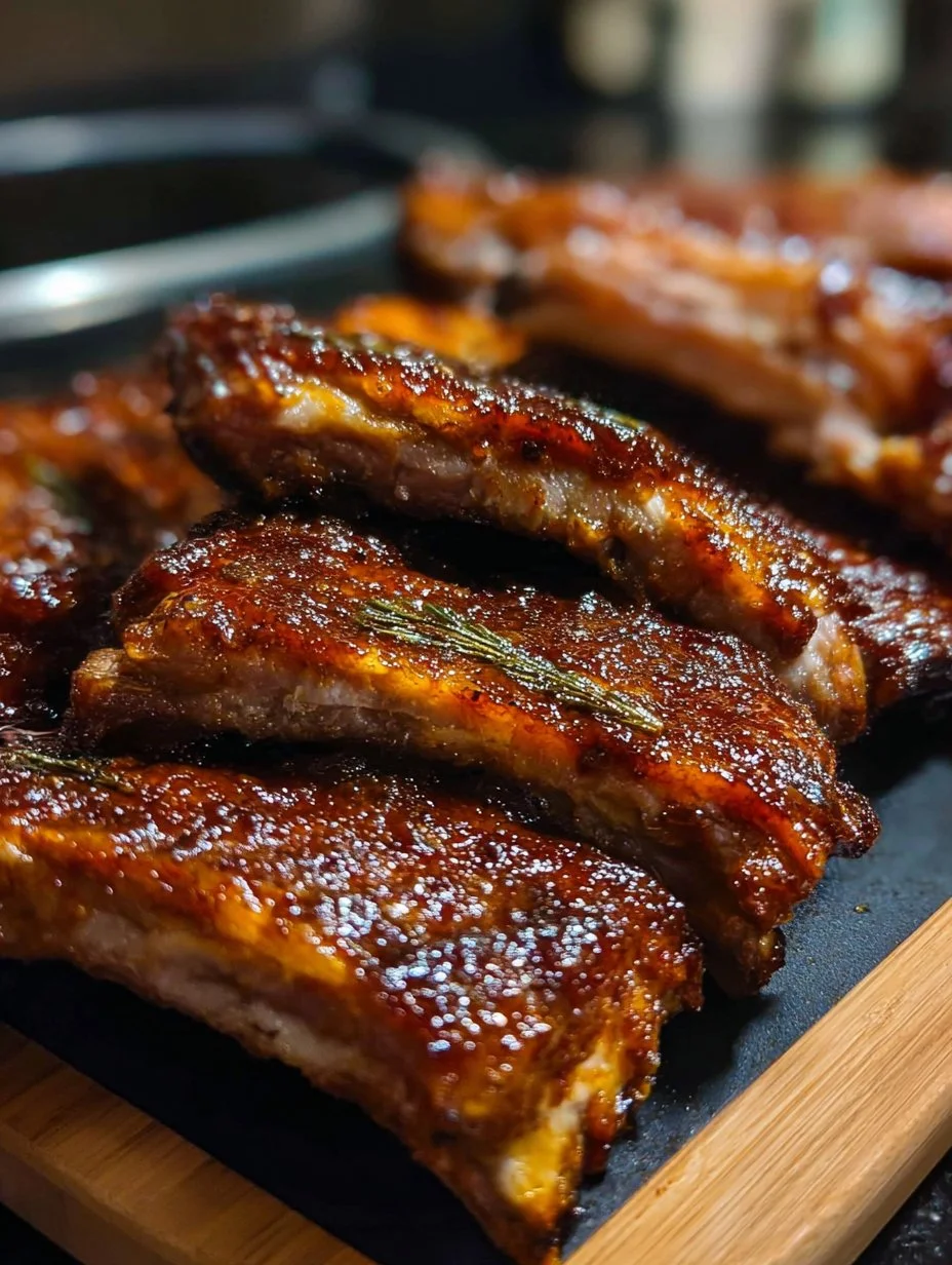 Delicious braised baby back ribs served on a plate with garnish