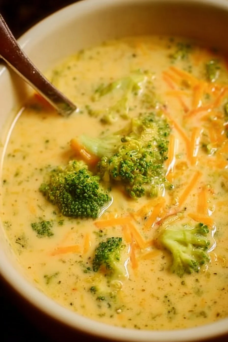 Delicious bowl of creamy Broccoli Cheddar Soup topped with cheese and broccoli