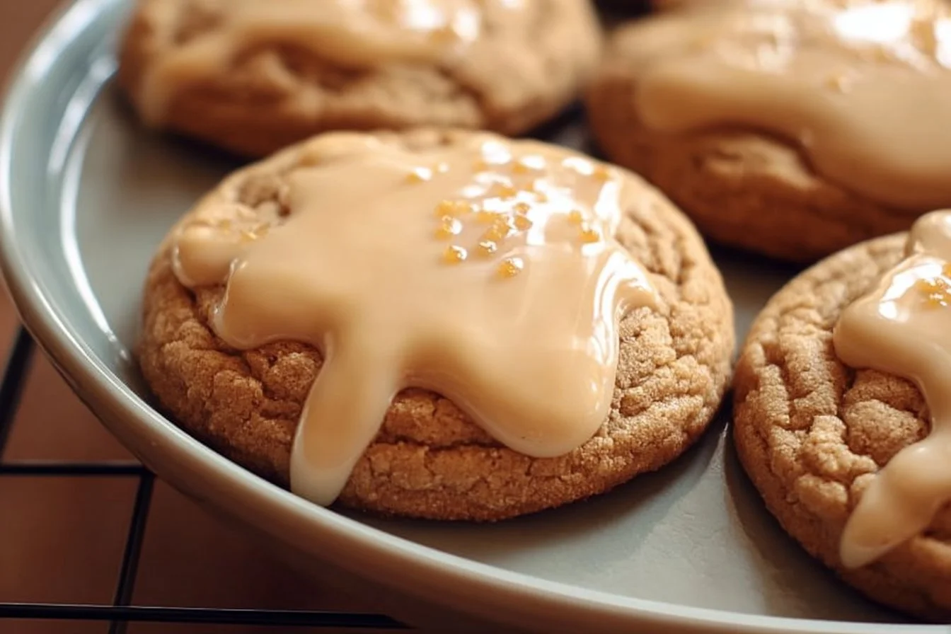 Brown sugar cookies drizzled with maple glaze on a wooden table