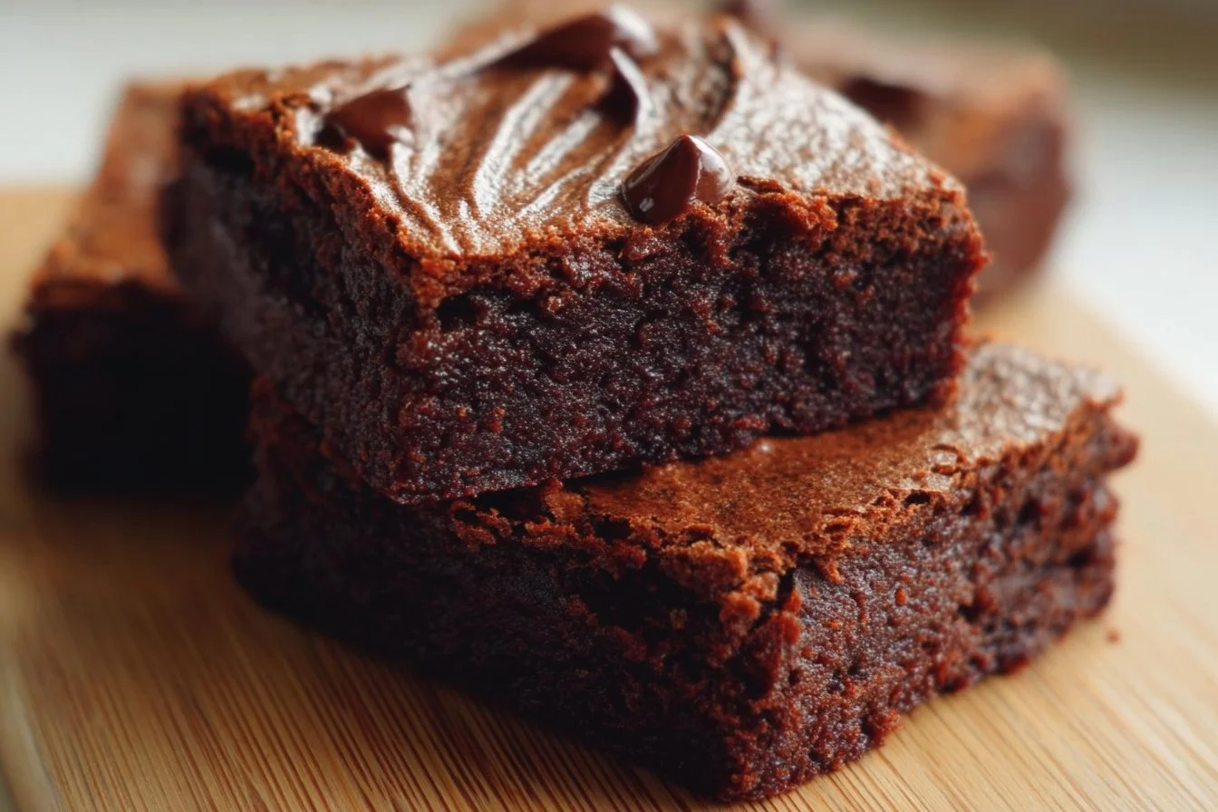 Delicious homemade brownies on a wooden table, perfect for dessert lovers.