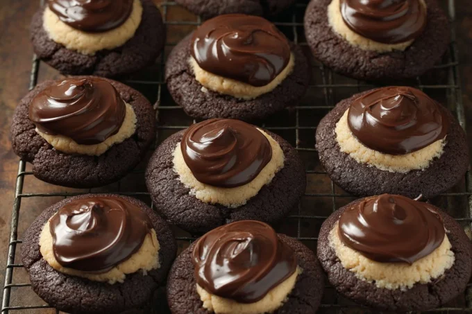 Delicious Buckeye Cookies with chocolate and peanut butter filling