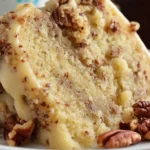 Delicious Butter Pecan Cake topped with nuts and frosting, perfect for dessert.