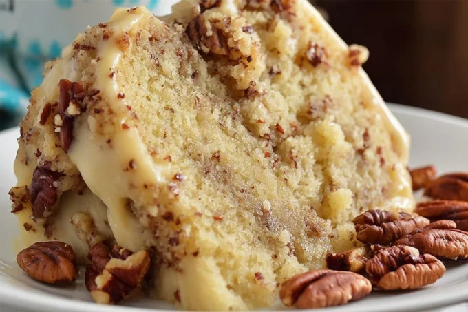 Delicious Butter Pecan Cake topped with nuts and frosting, perfect for dessert.
