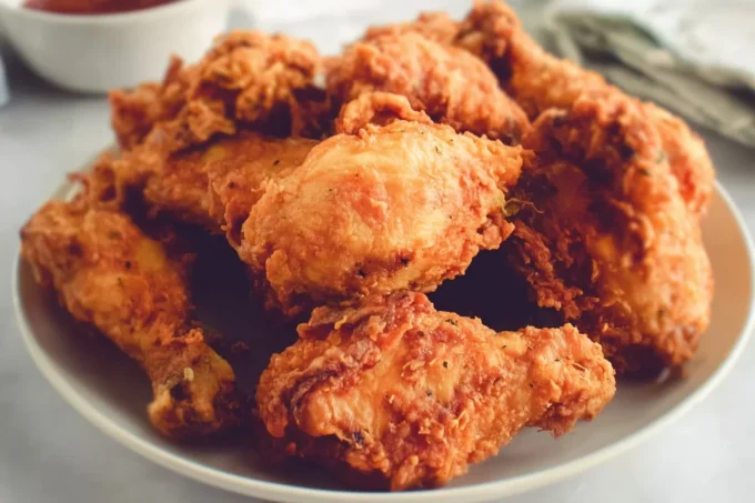 Coating marinated chicken in seasoned flour for a buttermilk fried chicken recipe