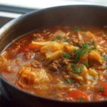 Delicious bowl of cabbage roll soup garnished with herbs and served hot