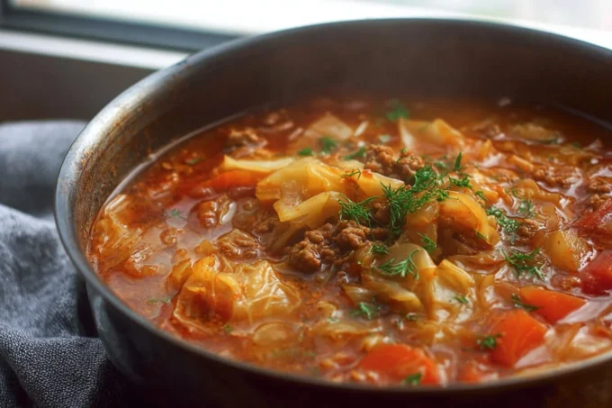 Delicious bowl of cabbage roll soup garnished with herbs and served hot