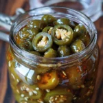 Jar of homemade candied jalapeños with spices and syrup