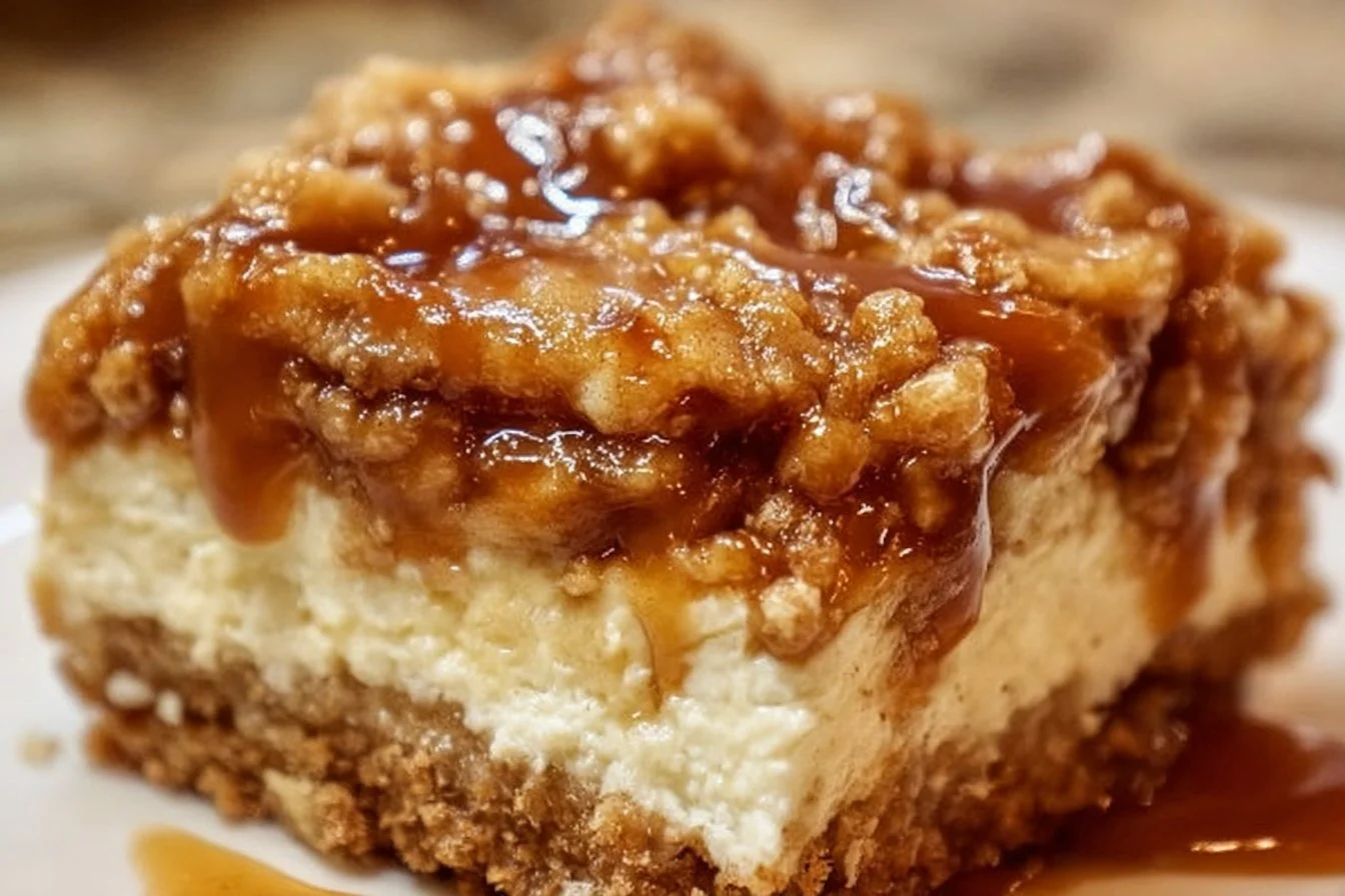 Delicious Caramel Apple Cheesecake Bars topped with caramel and apple slices