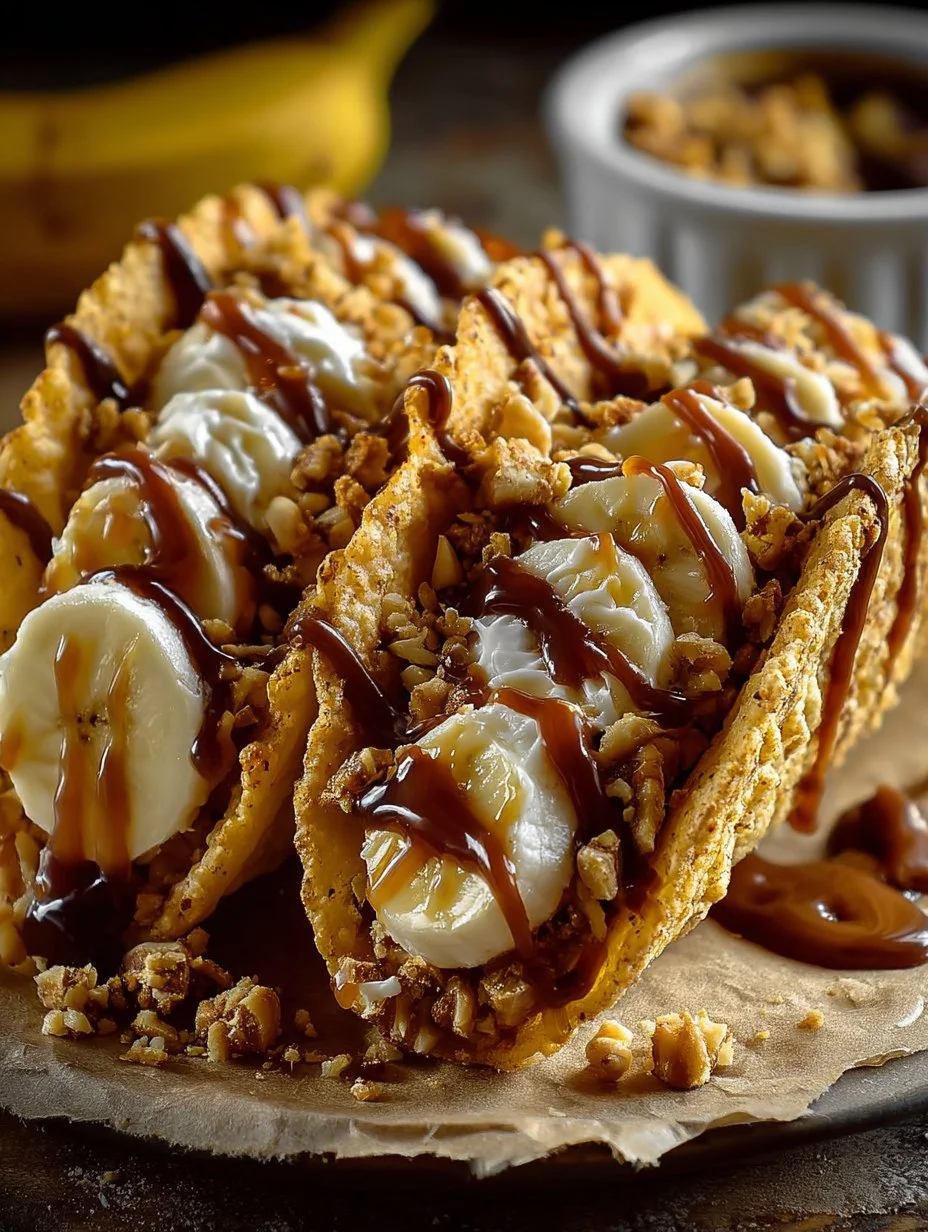 Caramel banana nuts tacos with nuts and toppings on a plate