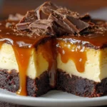 Delicious caramel brownie cheesecake topped with rich caramel drizzle