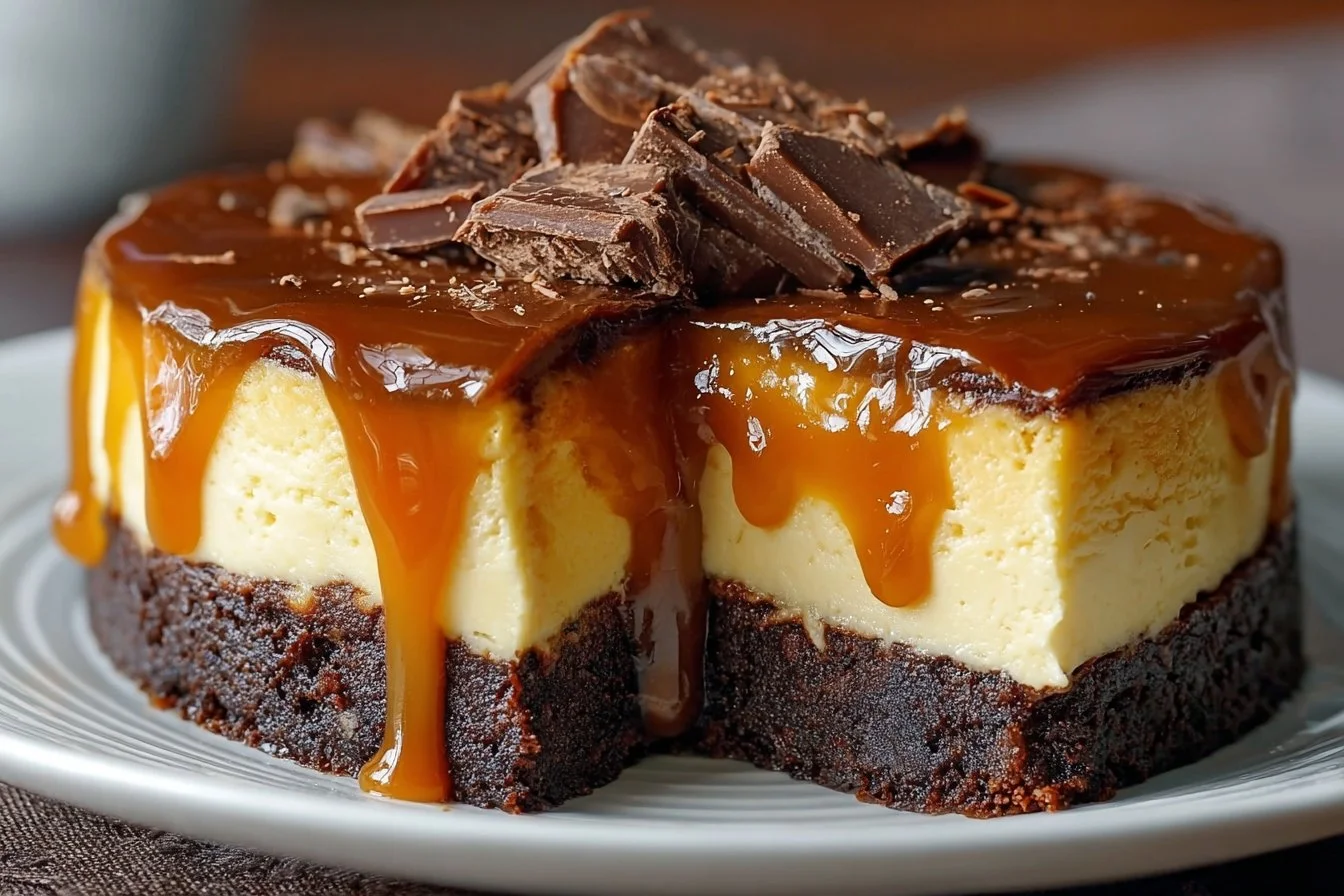 Delicious caramel brownie cheesecake topped with rich caramel drizzle