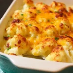 Delicious baked cauliflower casserole topped with cheese and breadcrumbs