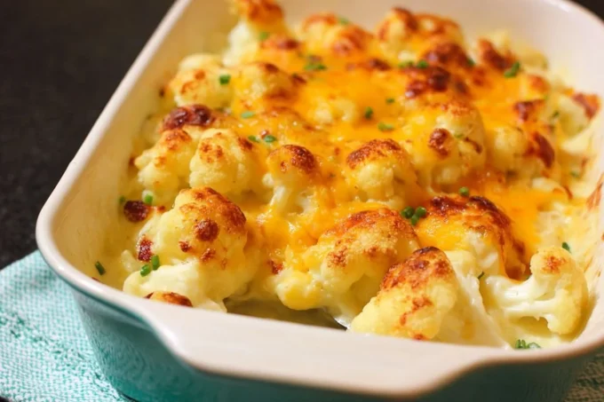Delicious baked cauliflower casserole topped with cheese and breadcrumbs