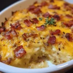 Cheesy bacon and hash brown casserole baked until golden and crispy