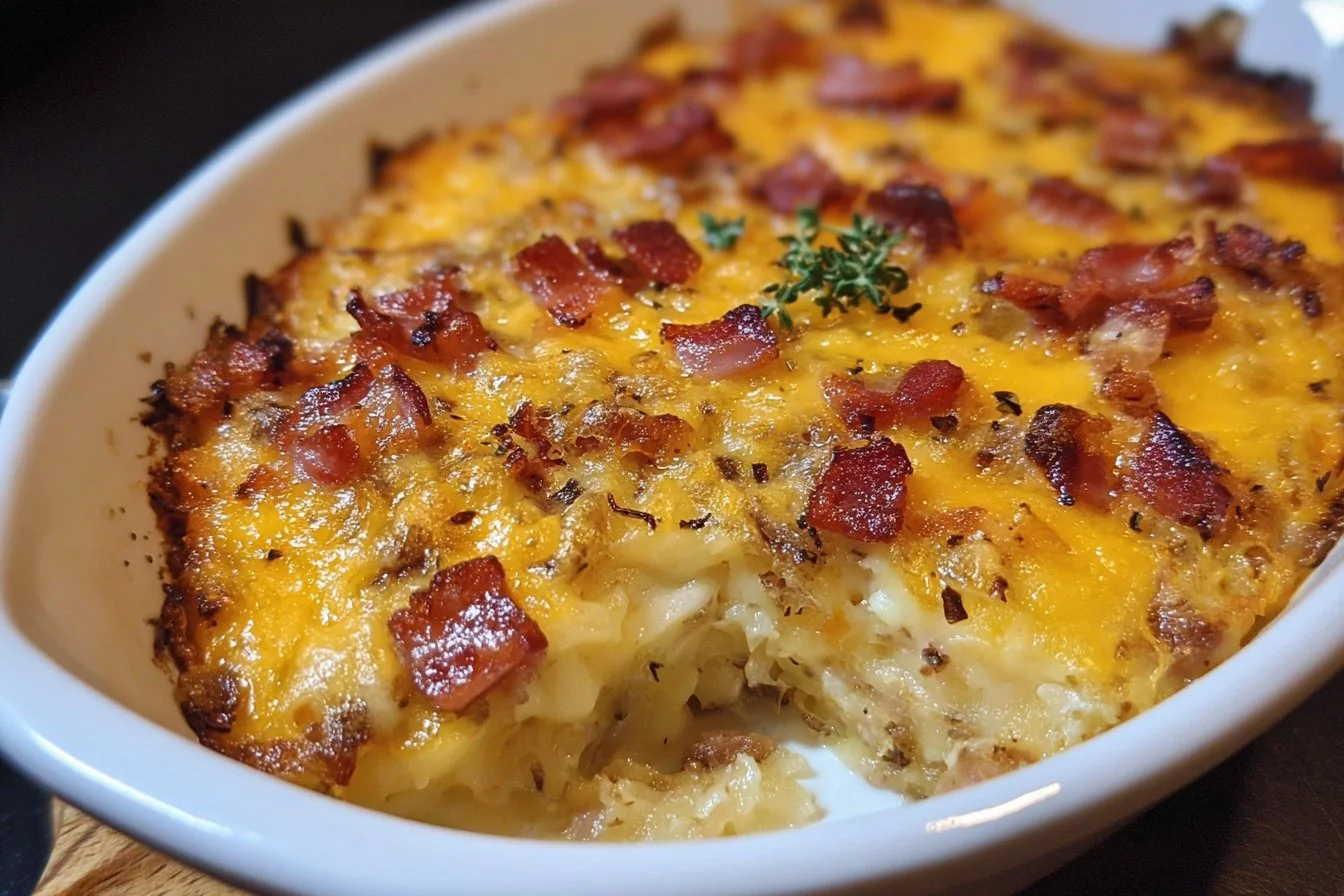 Cheesy bacon and hash brown casserole baked until golden and crispy