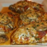 Cheesy Bacon Mushroom Chicken dish with melted cheese, bacon, and mushrooms