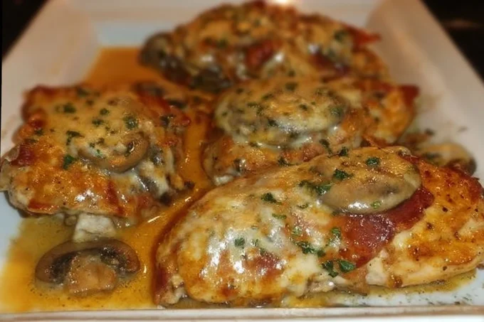 Cheesy Bacon Mushroom Chicken dish with melted cheese, bacon, and mushrooms