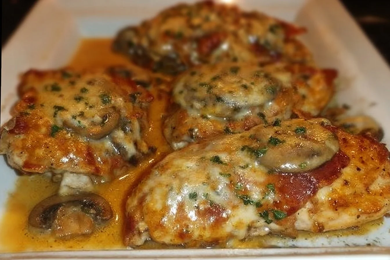 Cheesy Bacon Mushroom Chicken dish with melted cheese, bacon, and mushrooms
