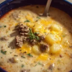 Bowl of cheesy beef and potato soup topped with herbs.