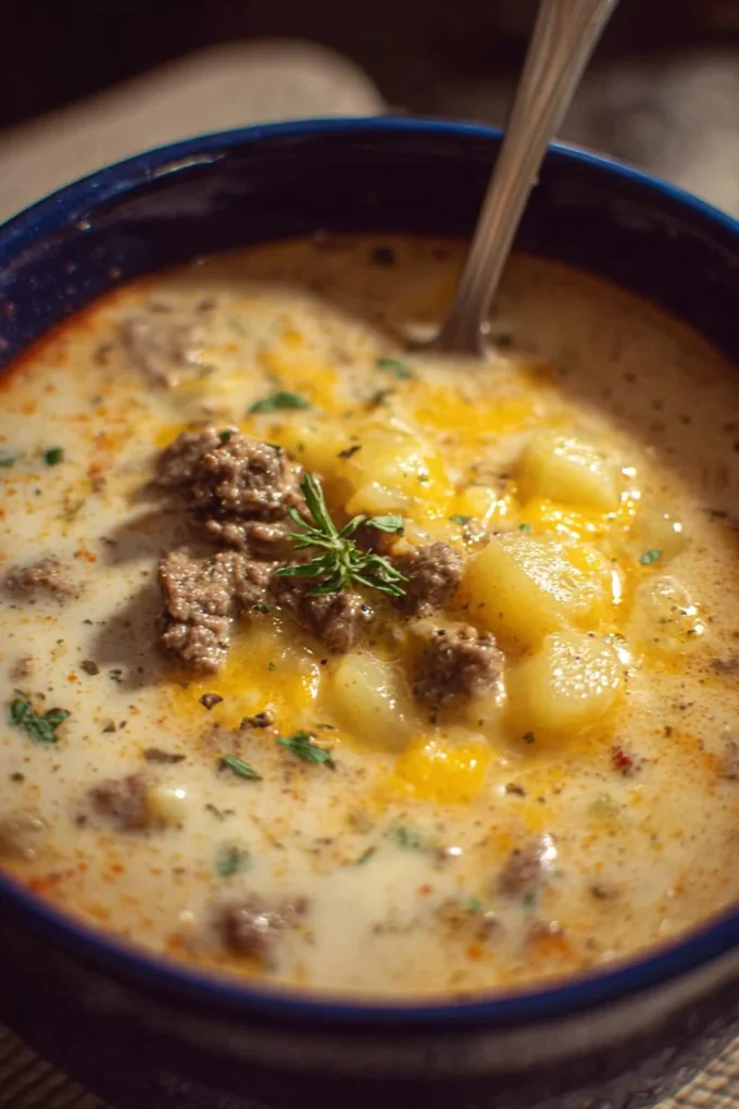 Bowl of cheesy beef and potato soup topped with herbs.