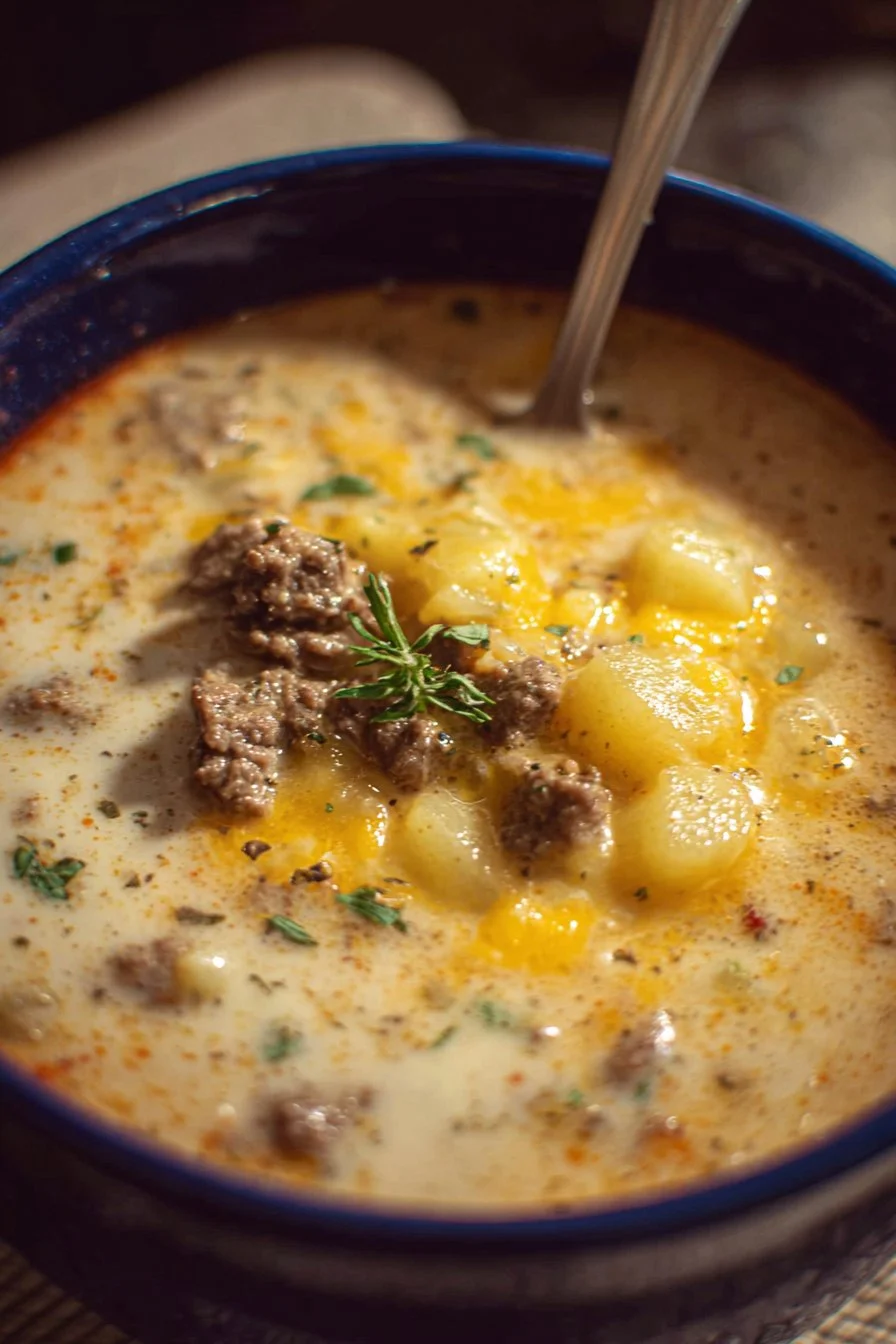 Bowl of cheesy beef and potato soup topped with herbs.