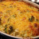 Cheesy chicken and broccoli casserole in a baking dish