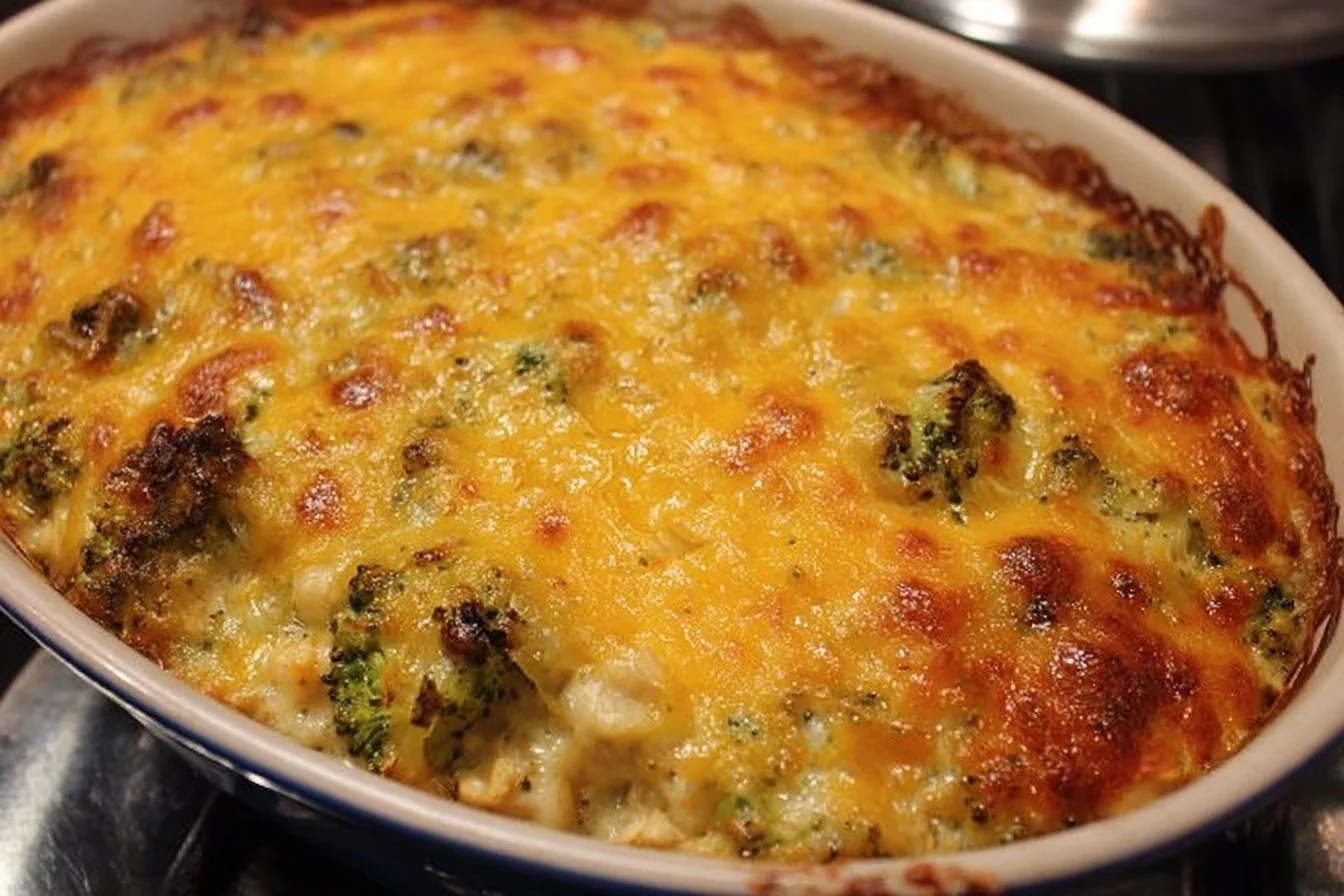 Cheesy chicken and broccoli casserole in a baking dish