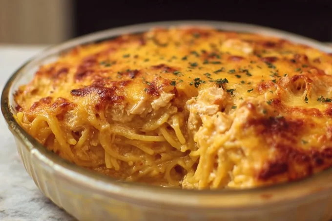 Delicious cheesy chicken spaghetti bake ready to serve.