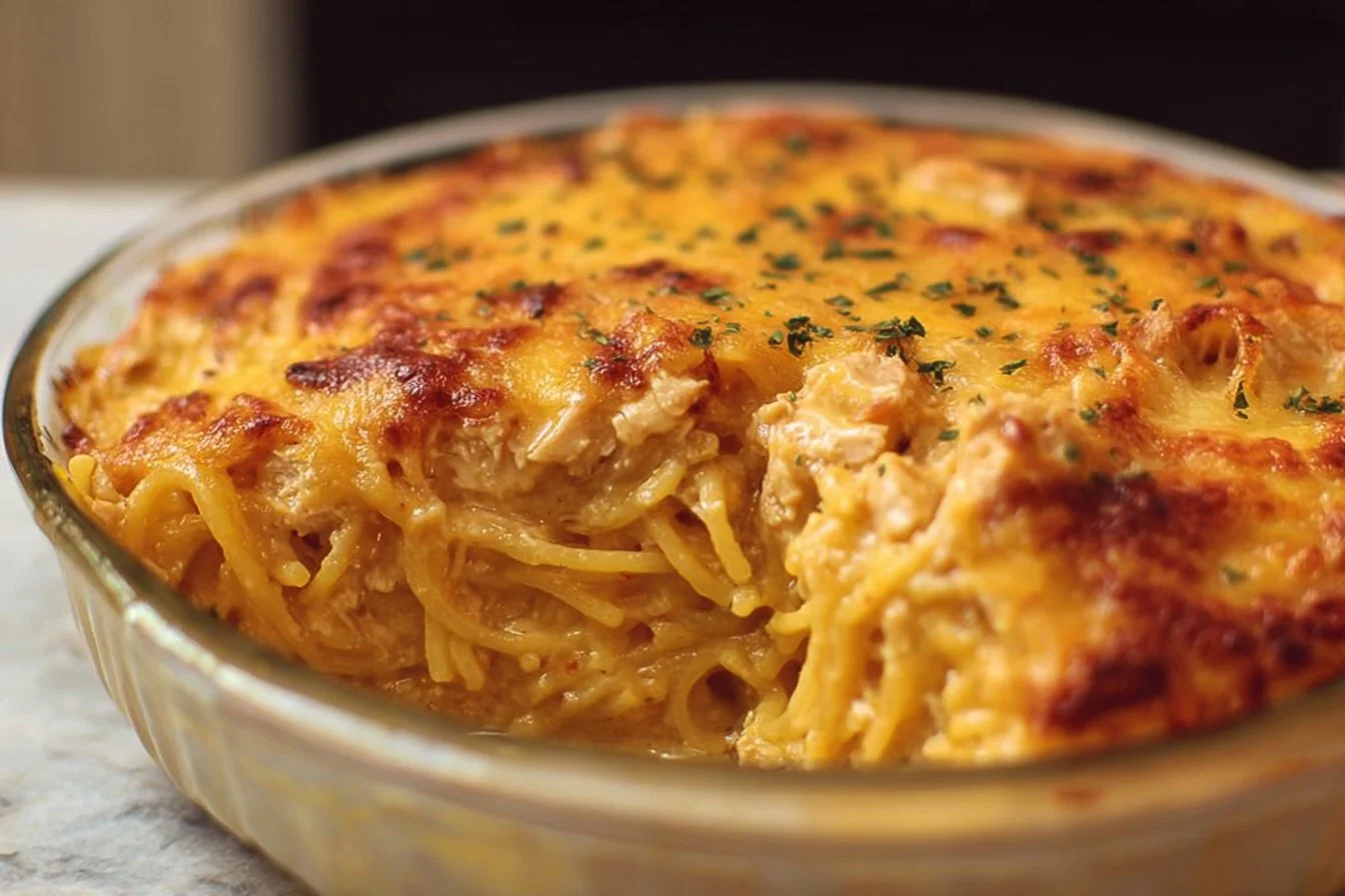 Delicious cheesy chicken spaghetti bake ready to serve.