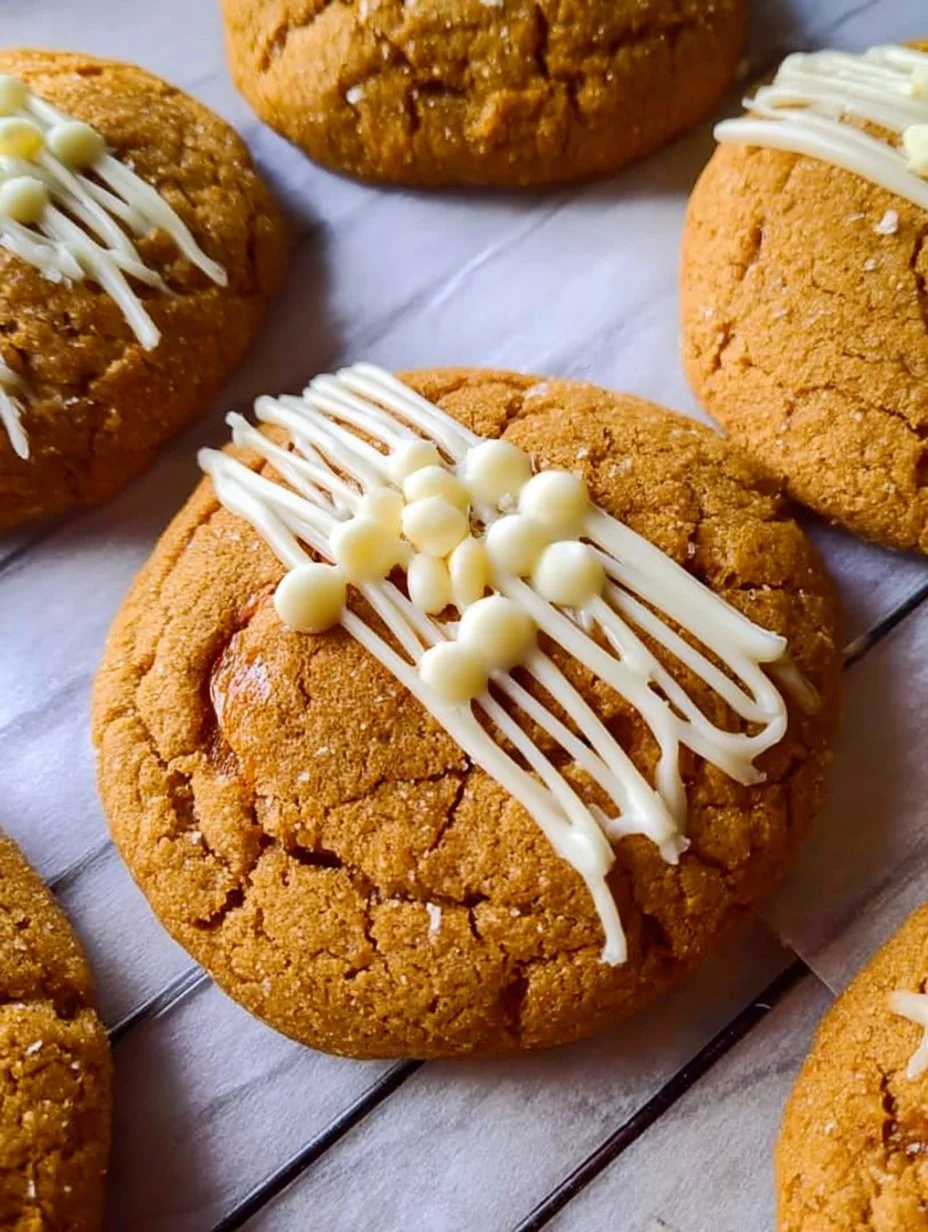 Chewy maple cinnamon cookies with white chocolate drizzled on top