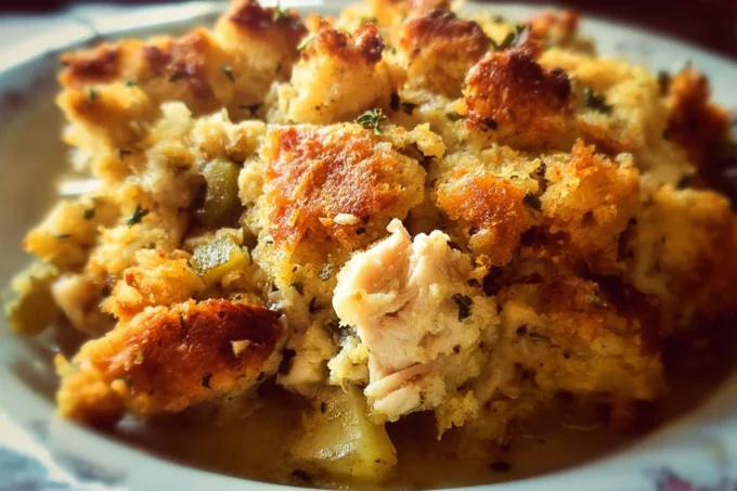 Chicken and Stuffing Casserole dish served in a baking dish.
