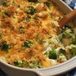 Chicken broccoli rice casserole baked dish with creamy sauce and toppings