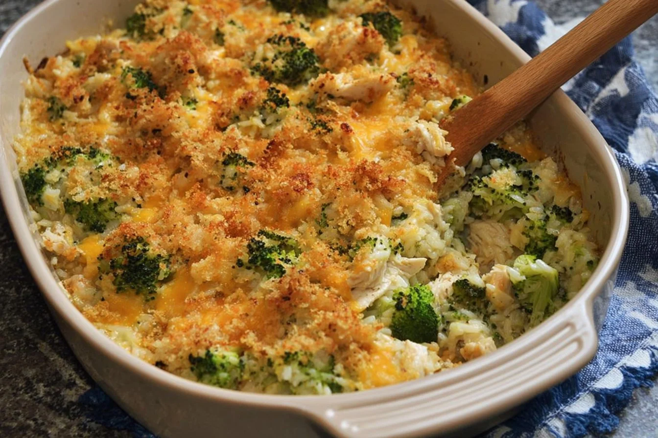Chicken broccoli rice casserole baked dish with creamy sauce and toppings