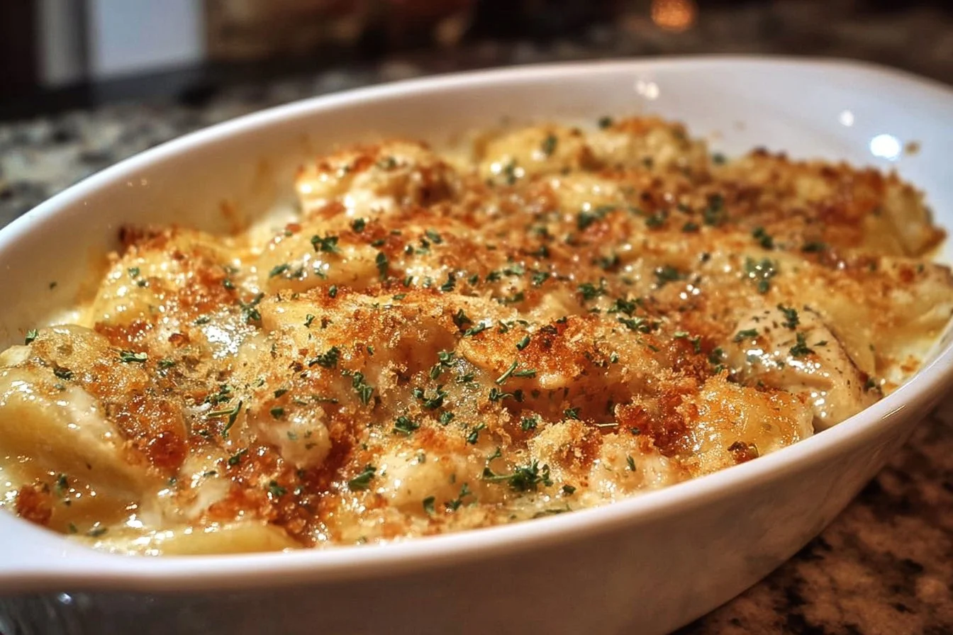 Delicious chicken casserole baked with vegetables and cheese