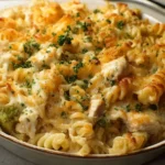 Delicious Chicken Noodle Casserole served in a baking dish with fresh parsley