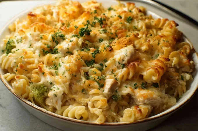 Delicious Chicken Noodle Casserole served in a baking dish with fresh parsley