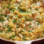 Delicious Chicken Noodle Casserole with chicken, noodles, and creamy sauce
