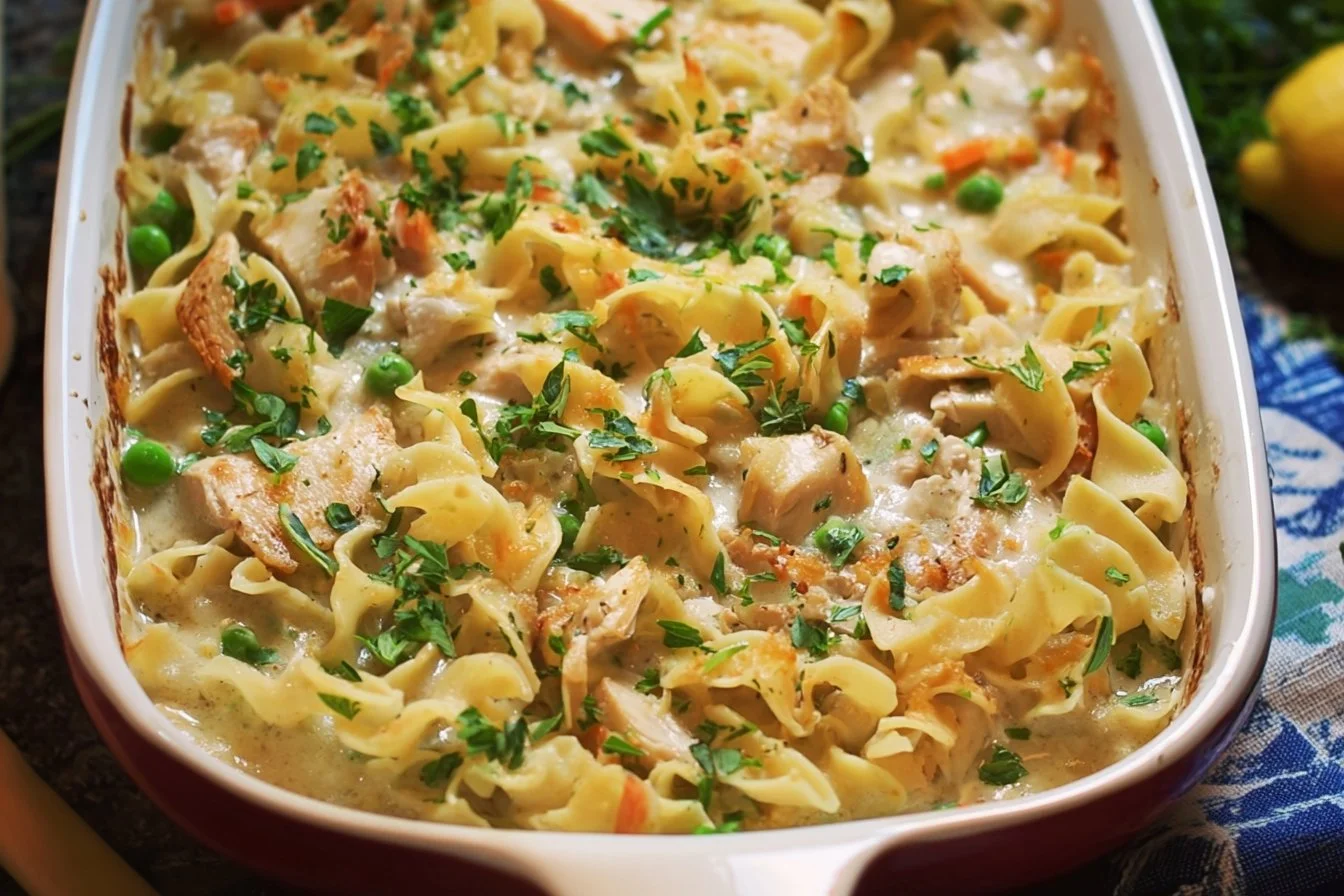Delicious Chicken Noodle Casserole with chicken, noodles, and creamy sauce
