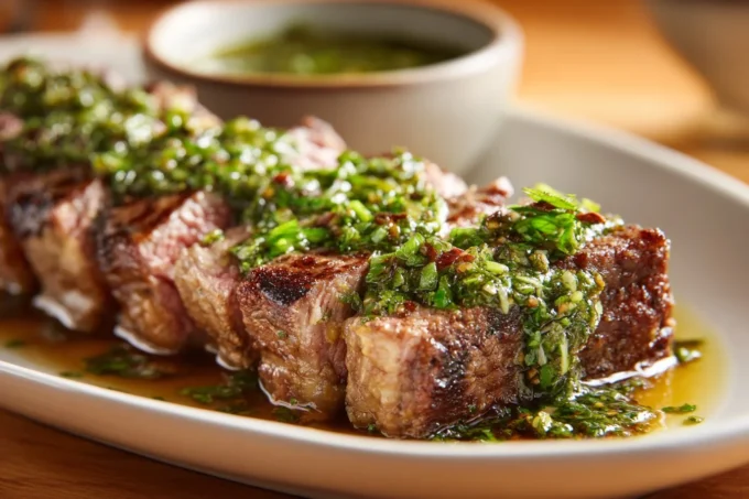 Juicy Chimichurri Steak with vibrant green sauce on a plate