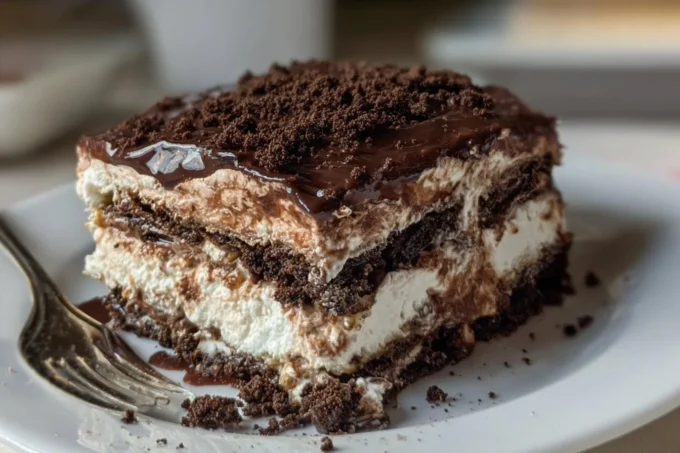 Delicious chocolate lasagna layered with rich chocolate filling and whipped cream