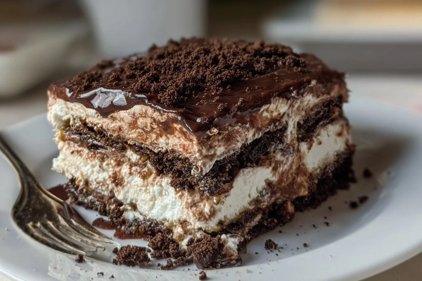 Delicious chocolate lasagna layered with rich chocolate filling and whipped cream