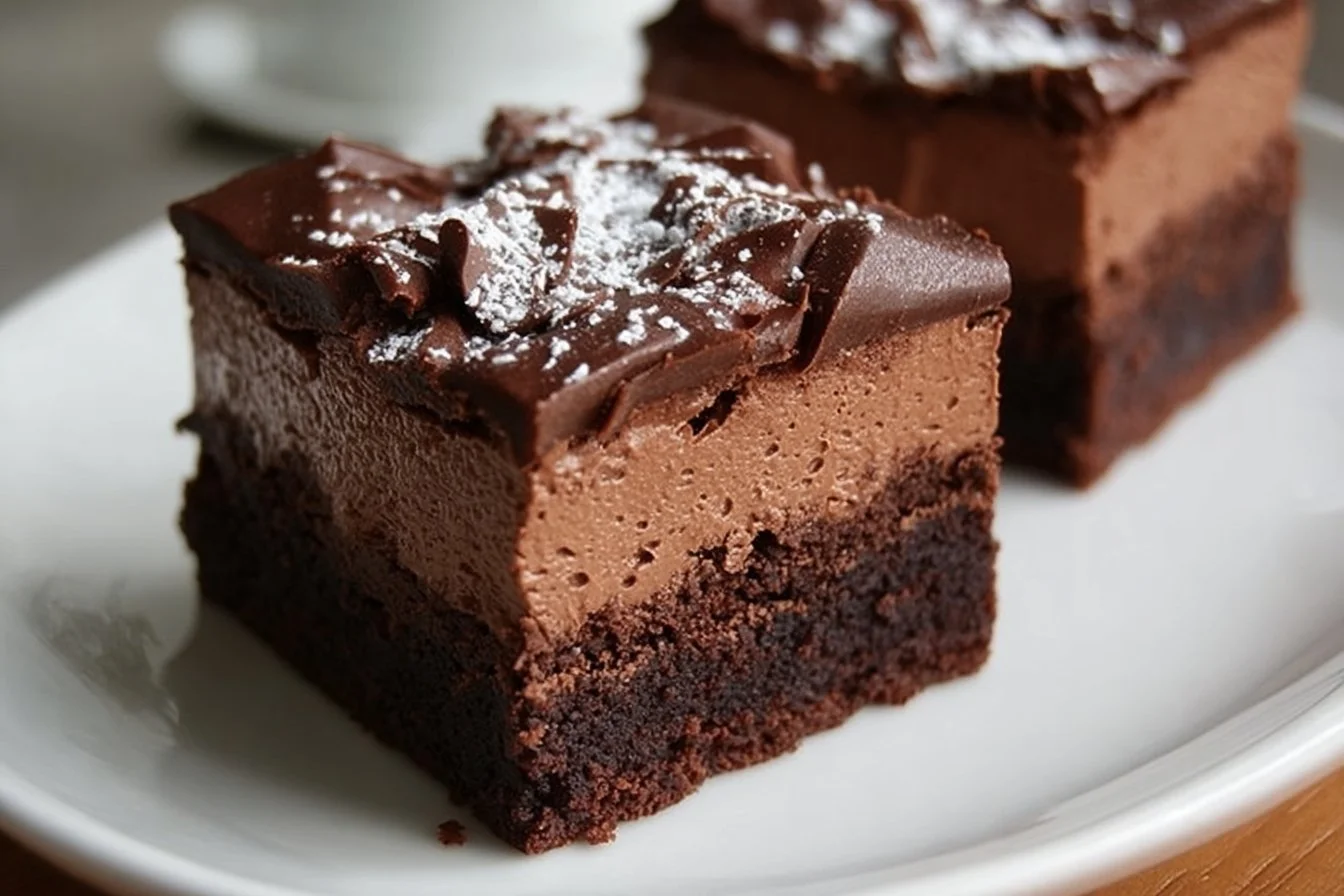 Delicious chocolate mousse brownies topped with creamy chocolate layers.